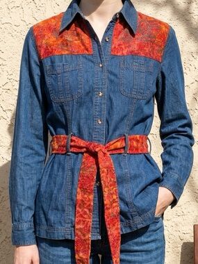 Boutique Upcycled Artisan Denim Shirt with Red Batik Accents